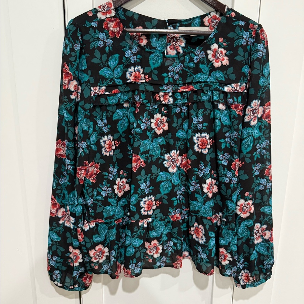 LOFT Black and Blue Boxy Long Sleeve Blouse